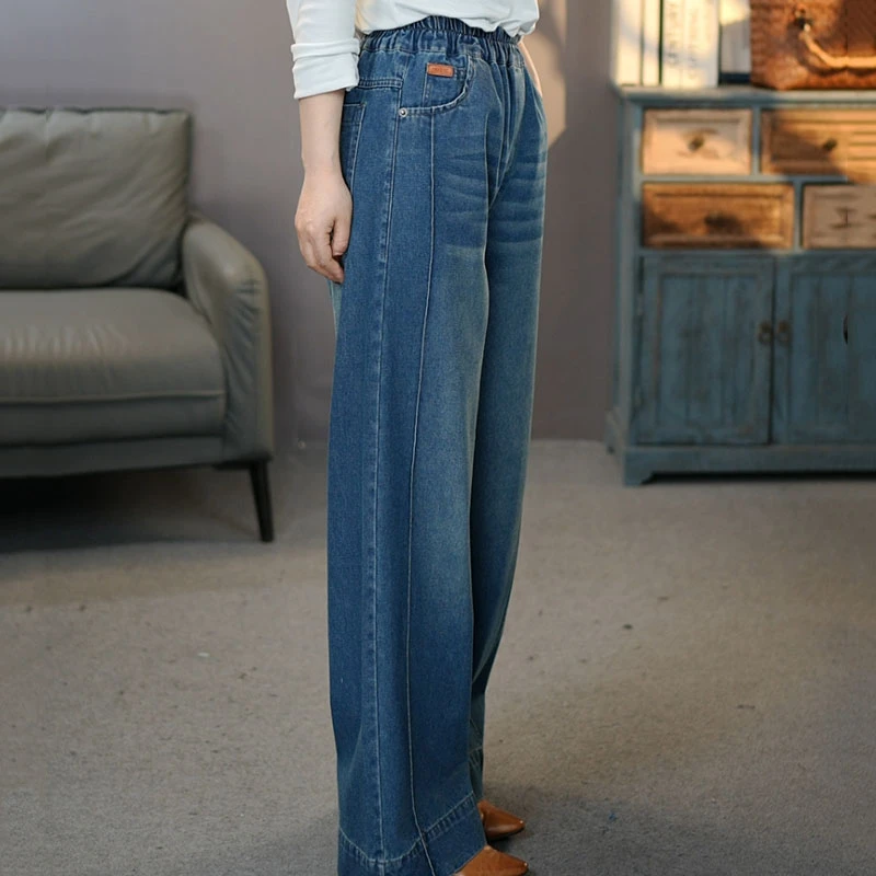 6822蓝2025春季复古显瘦女士牛仔阔腿裤松紧腰时尚拖地梧桐裤