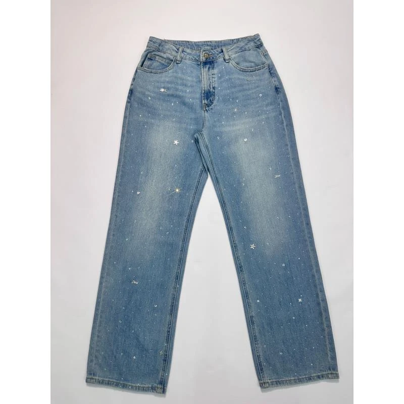 【1055】春夏新款重工烫钻窄版阔腿中高腰显瘦百搭牛仔女长裤