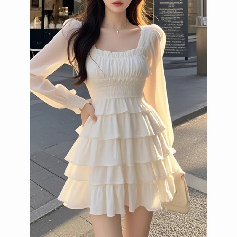 温柔初恋白色连衣裙女春秋法式气质减龄遮肉显瘦小个子短裙蛋糕裙