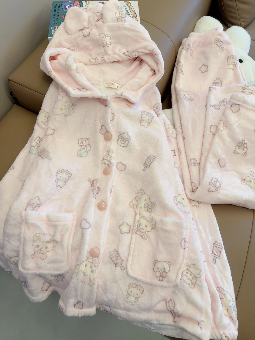 粉色轻松熊睡衣女秋冬款甜美可爱少女心加绒加厚法兰绒家居服套装