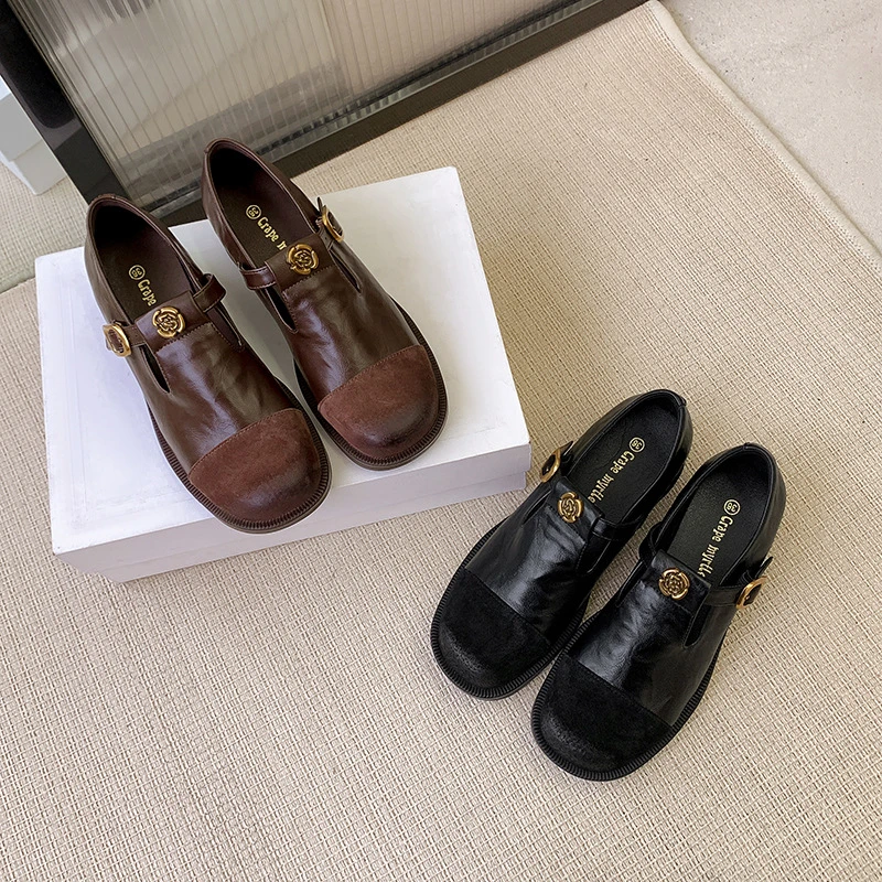 高端轻奢春季新款复古T字扣玛丽珍鞋女棕色乐福鞋低跟单鞋