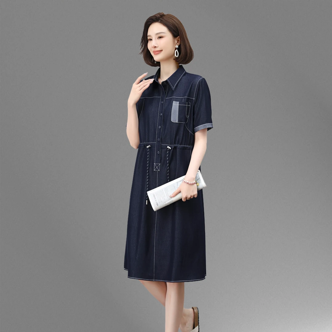 夏季薄款牛仔连衣裙女2025新款宽松大码胖MM遮肚显瘦休闲中长裙子
