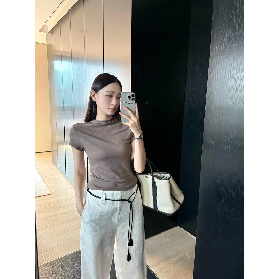 周淼【高智姐感】莱赛尔羊毛短袖T恤女夏 半高领百搭上衣ZM25T5117J