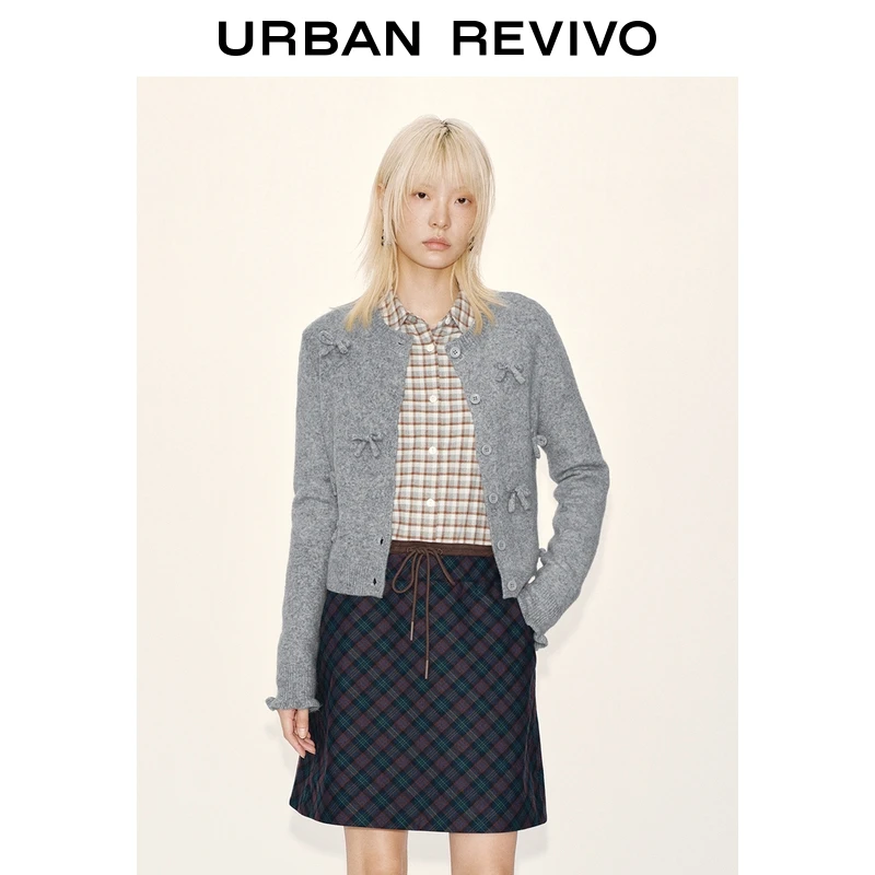 UR2025冬季新款女装休闲蝴蝶结饰短款针织开衫UYY950139#