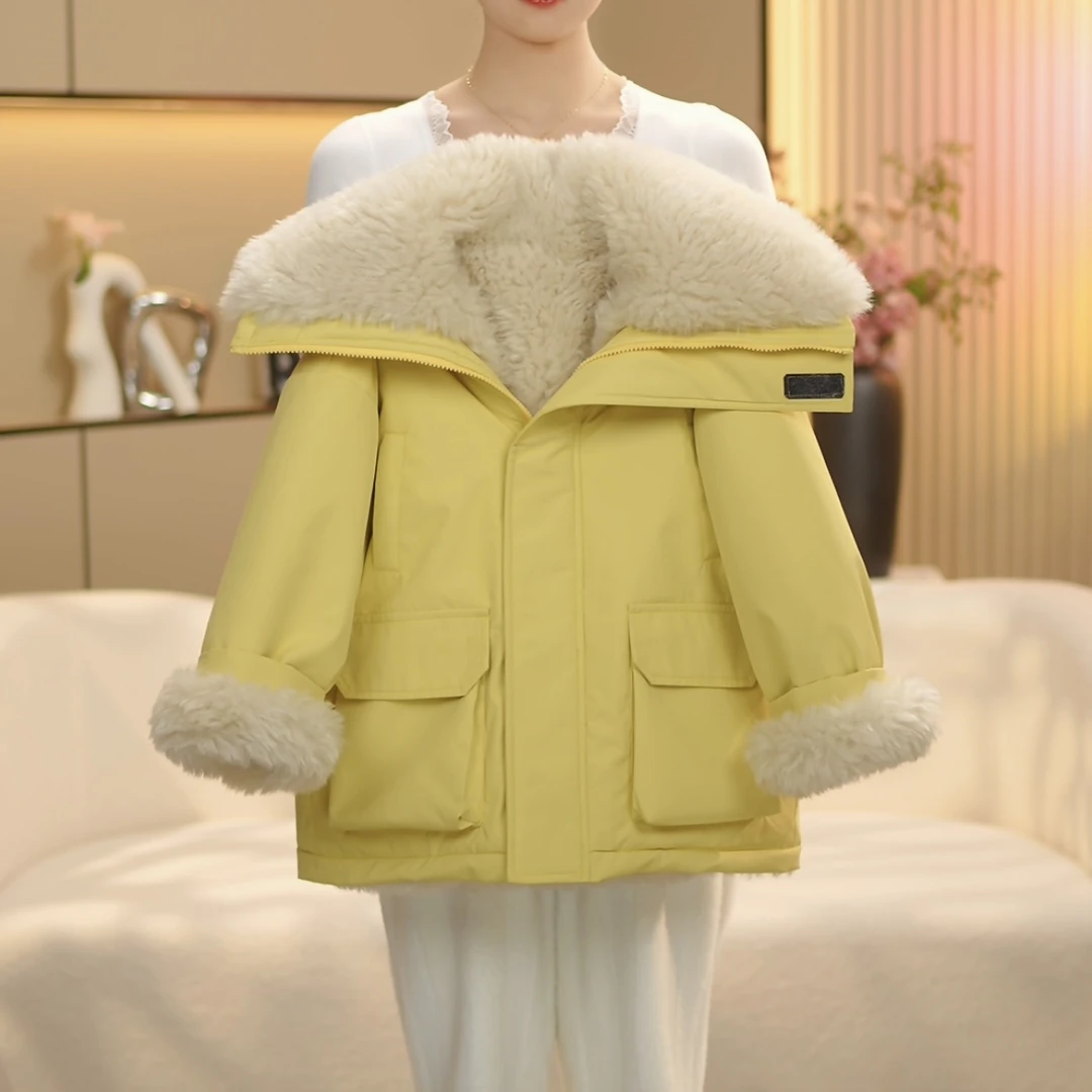 2024冬女童韩版时尚大翻领加绒加厚棉服外套--Y3995