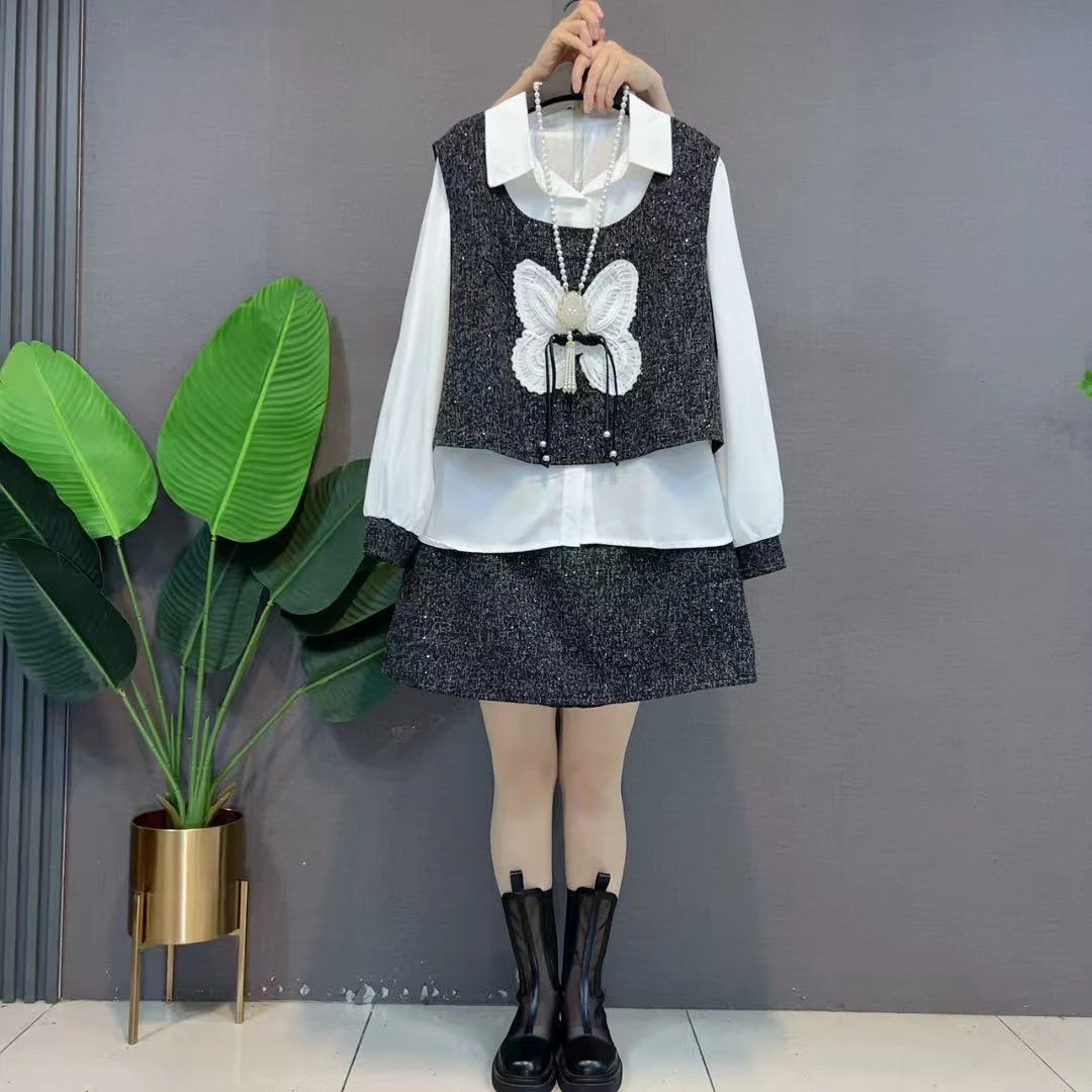 欧货胖mm时尚套装女新款蝴蝶结亮星马甲打底衬衫短裙三件套潮
