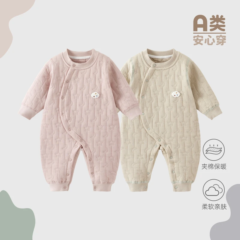 婴儿秋冬衣服夹棉保暖哈衣新生儿加厚连体衣小月龄宝宝冬季睡衣