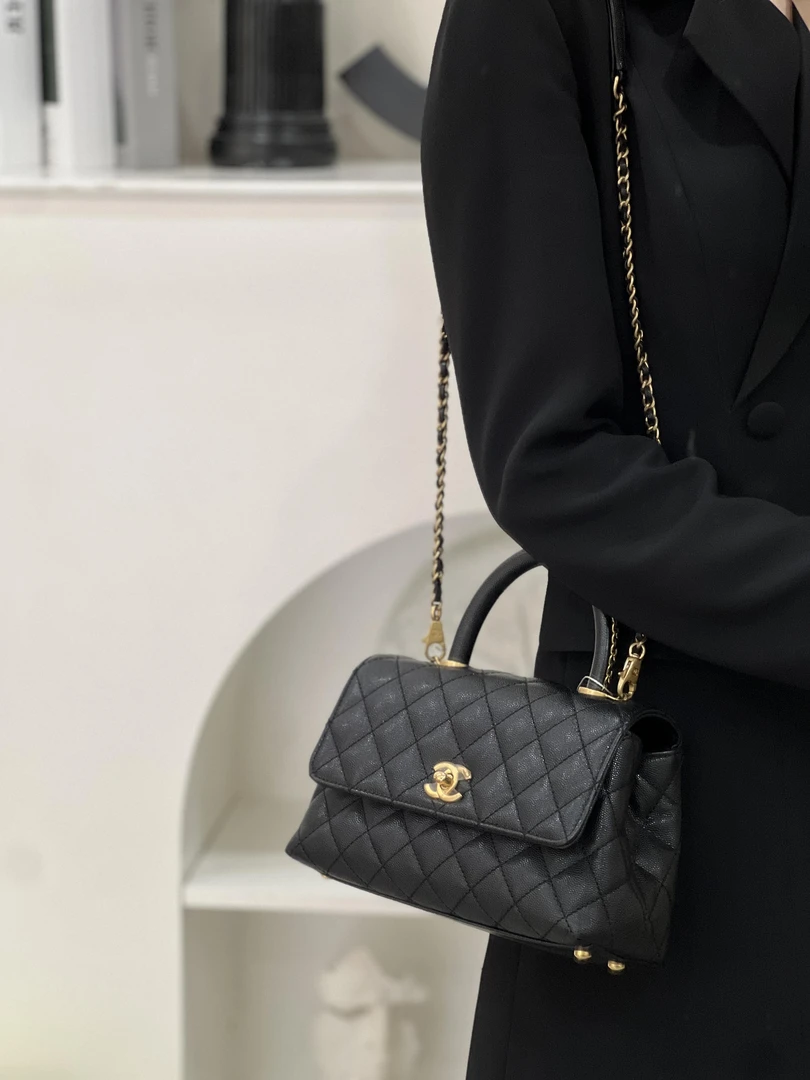 99新 Chanel/香奈儿 coco handle 小号黑金荔枝纹编织手柄/甄选