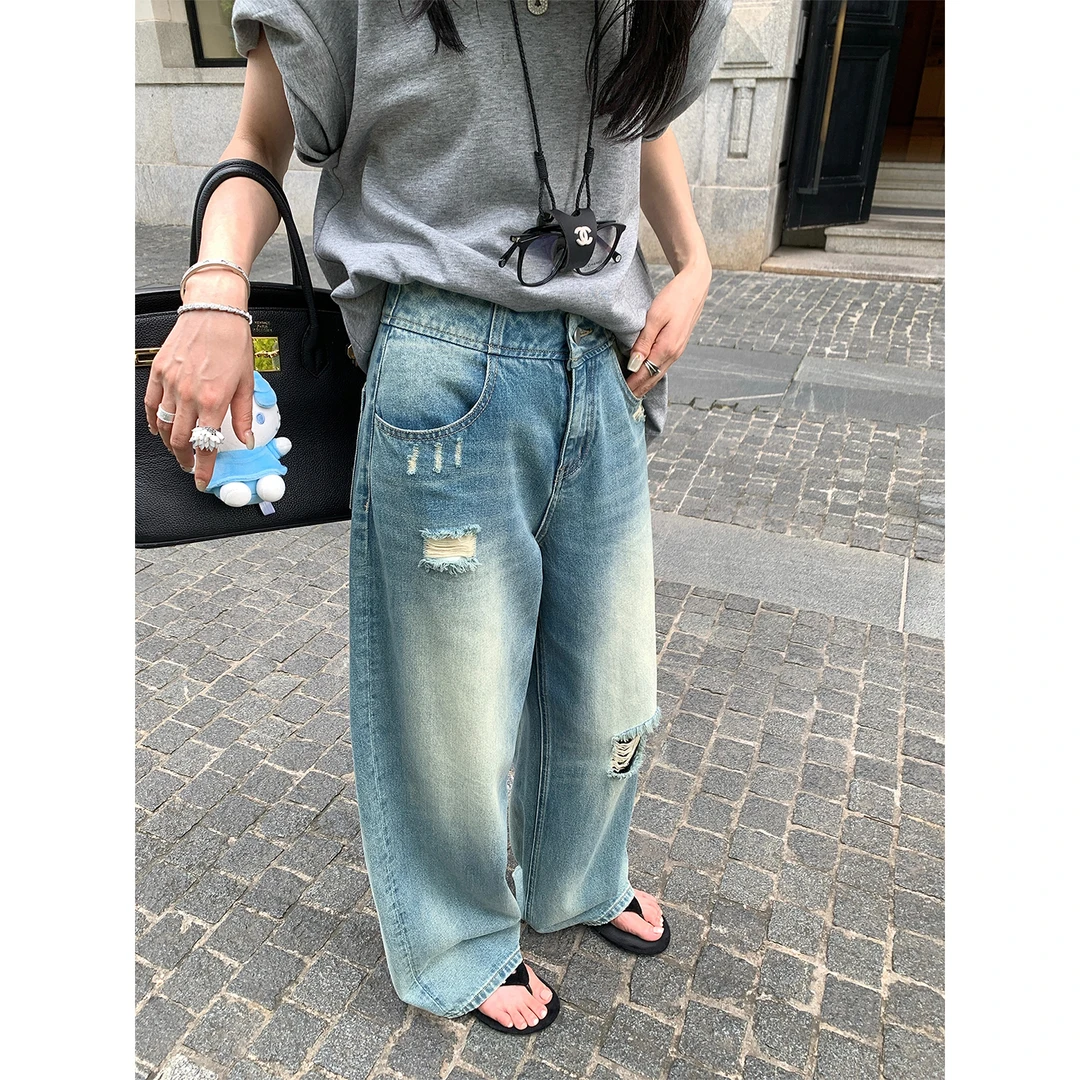 区区欧阳 破洞牛仔裤女夏季新款阔腿裤复古拖地长裤宽松阔腿裤子
