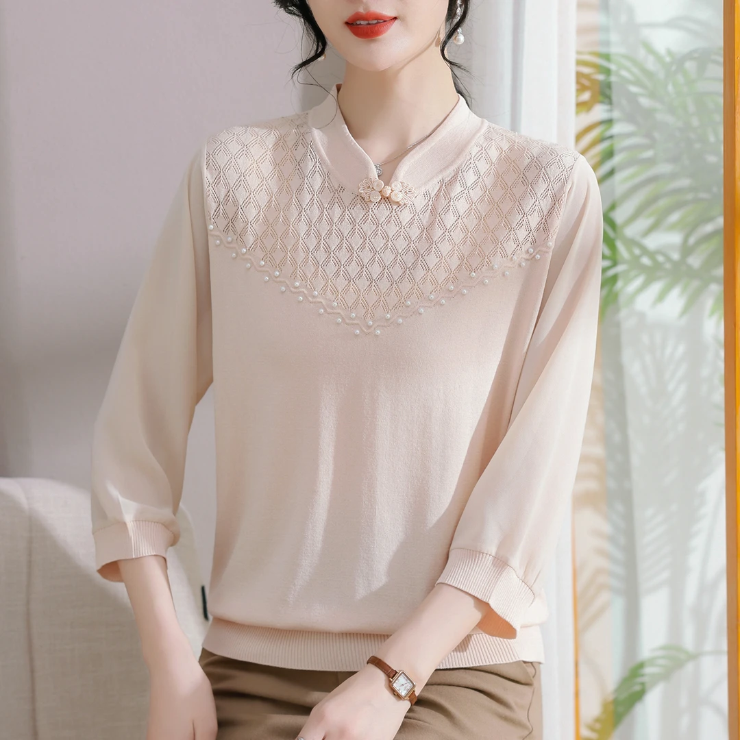 新款妈妈春装冰丝纱袖上衣T恤洋气中老年女装春夏七分袖打底小衫