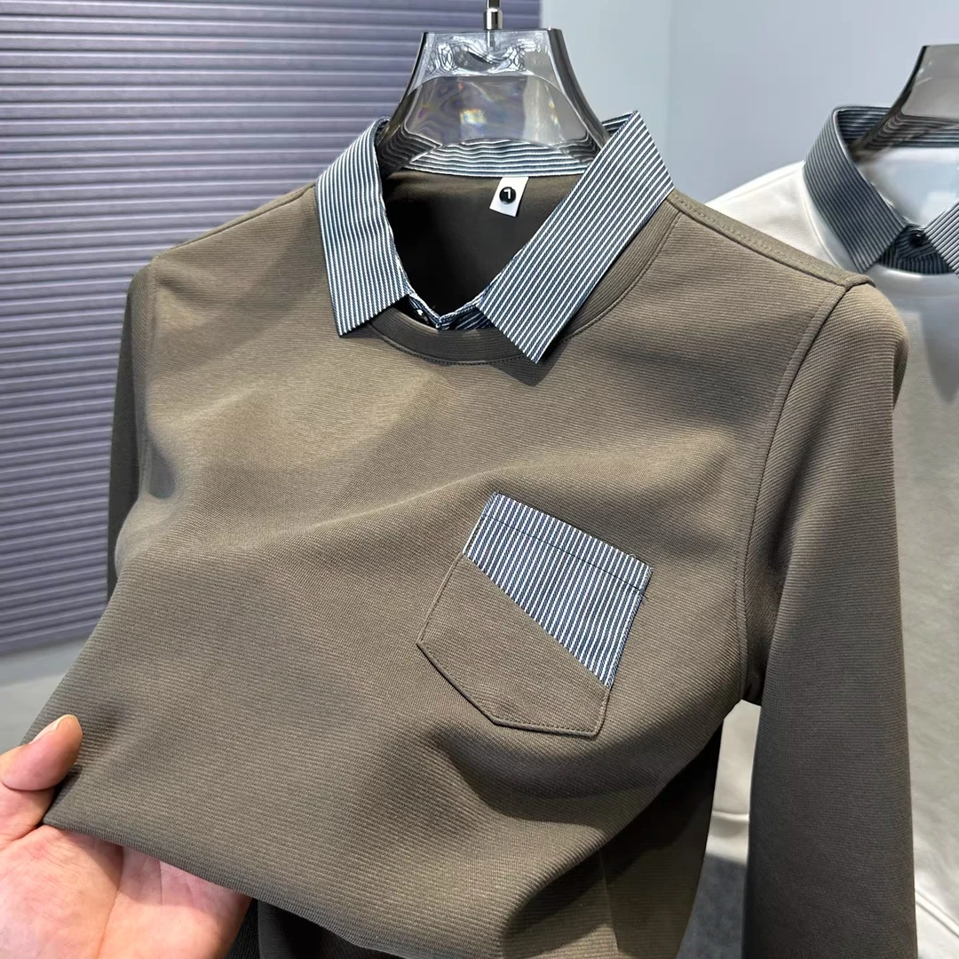 假两件衬衫领卫衣男士商务休闲拼接痞帅慵懒风条纹翻领长袖上衣服