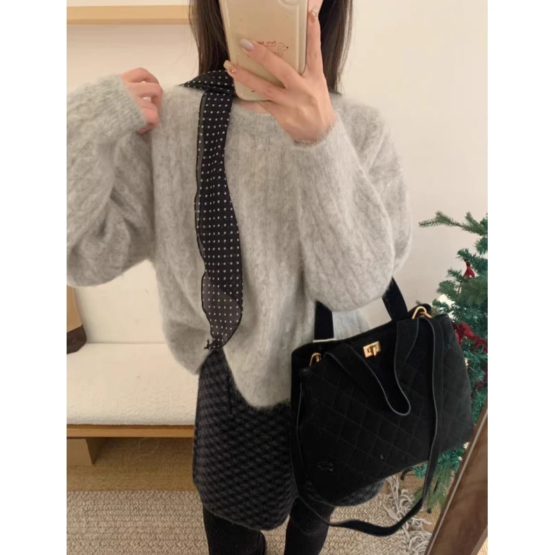 【23】2025秋冬银灰色麻花圆领套头时尚百搭宽松韩版慵懒风