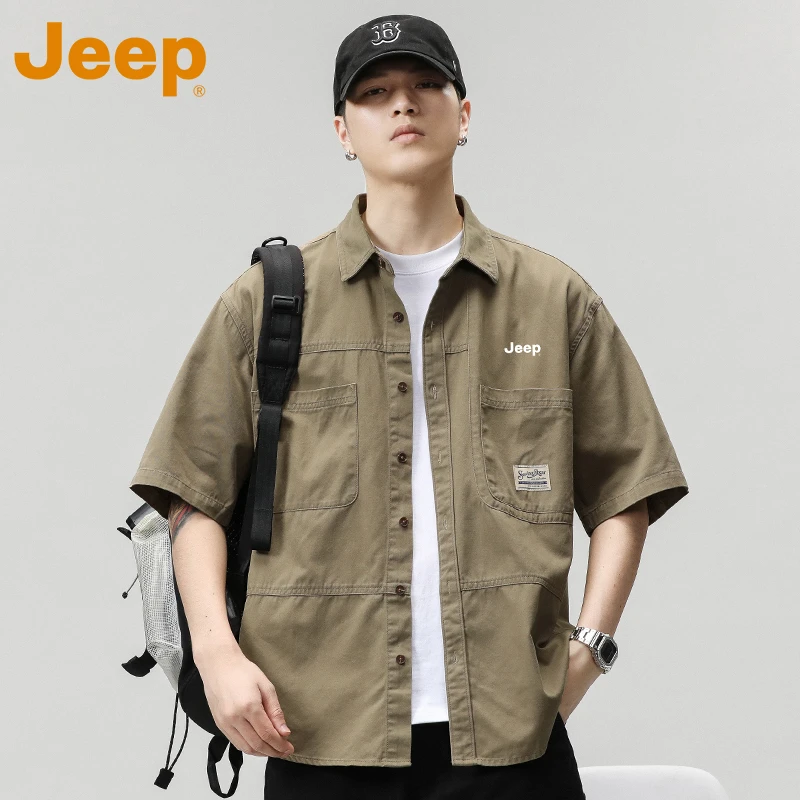 JEEP吉普纯棉短袖衬衫男款夏季薄款宽松休闲工装上衣痞帅半袖衬衣
