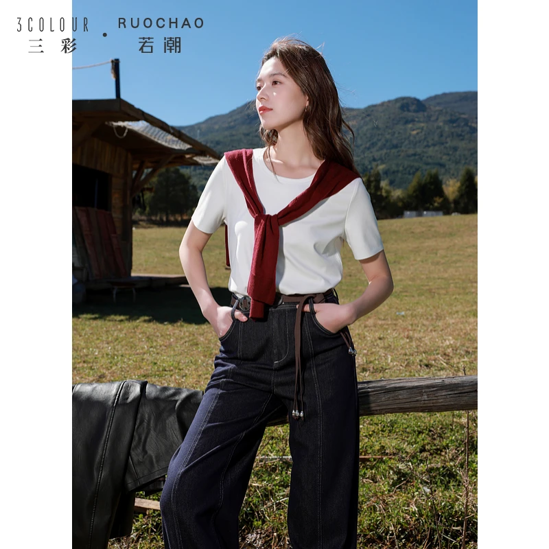 三彩大码女装2025春季新款简约基础款圆领T恤短袖短款显瘦胖MM