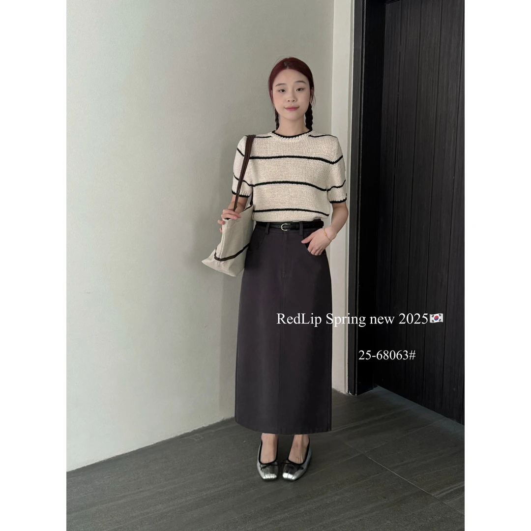 68063#韩系高腰显瘦后开叉中长款半身裙（配腰带）