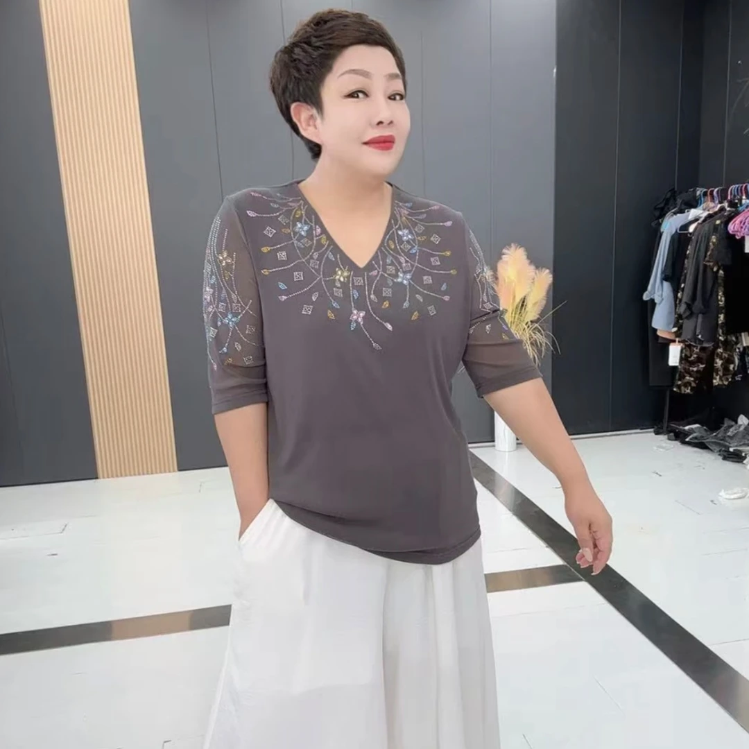 大码时尚烫钻V领针织短袖小衫中老年夏季上衣