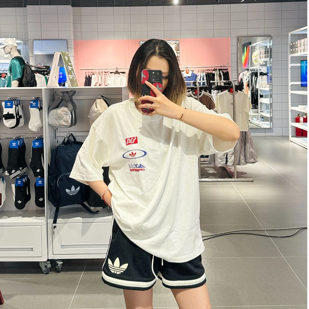 adidas/阿迪达斯三叶草赛车风情侣款纯棉运动宽松短袖T恤 KH1198