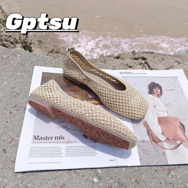 GPTSu田园风清爽透气网面平底方头单鞋女浅口平跟奶奶鞋编织凉鞋
