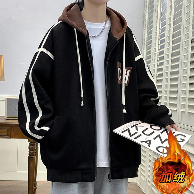 加绒加厚外套男冬季25新款学院风夹克百搭初中学生青少年棉衣男装