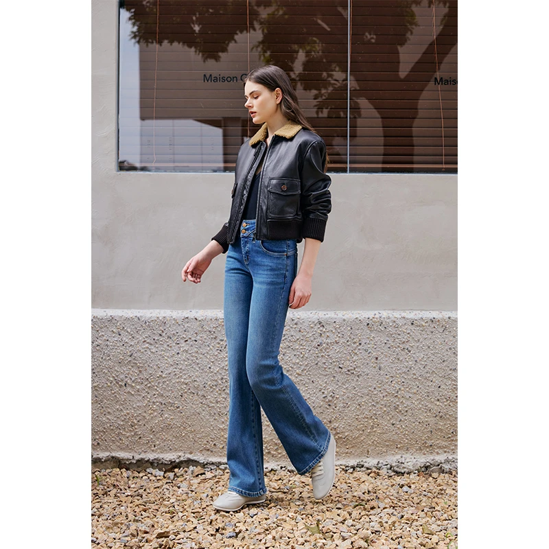 质社秋冬加绒弹力设计感双粒扣高腰提臀喇叭牛仔裤E309