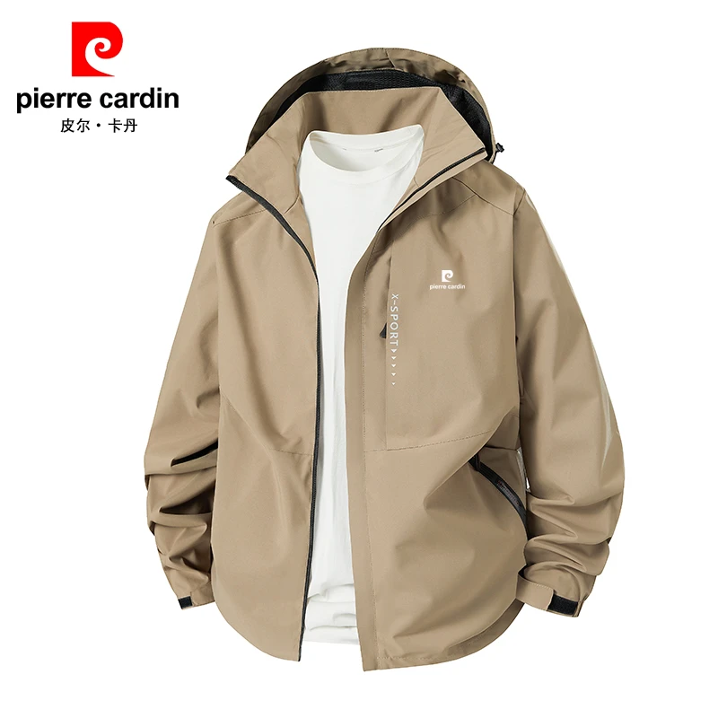 皮尔卡丹夹克外套男士春秋新款宽松大码户外登山服休闲连帽冲锋衣