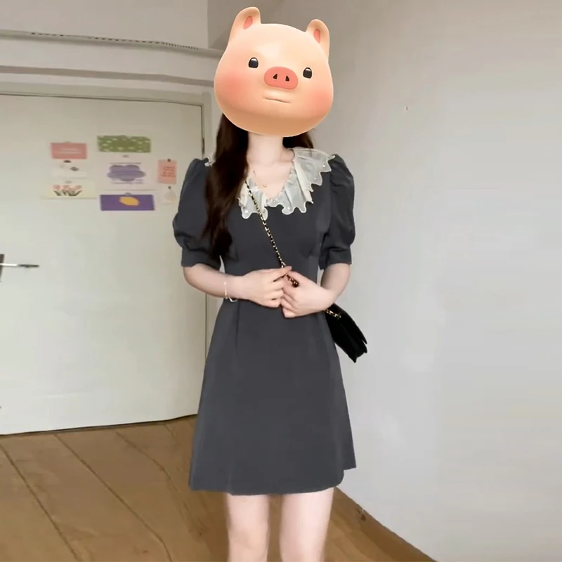 1745娃娃领短袖连衣裙子女装夏季年新款学院风小个子收腰显瘦短裙