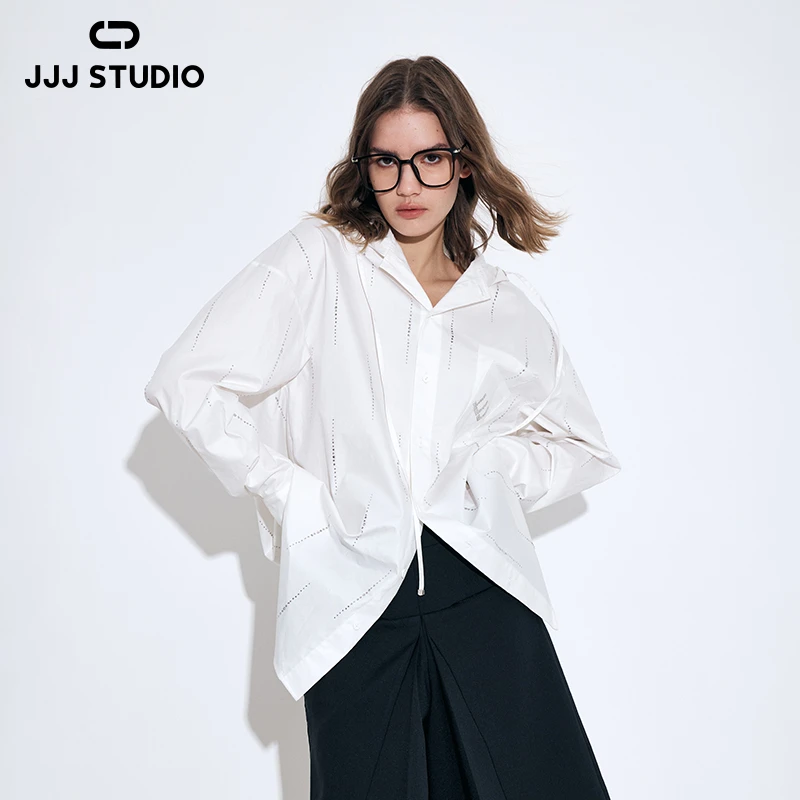 JJJ STUDIO 白色烫钻工艺连帽长袖衬衫女宽松显瘦百搭 JUWWS1C032