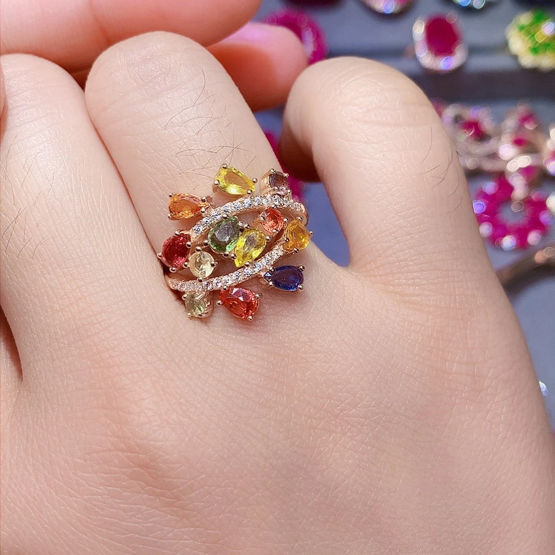 戒指彩色蓝宝石银S925镶嵌