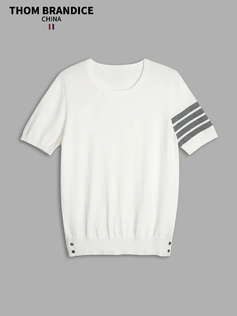 【官方旗舰】THOMBRANDICE汤姆布郎圆领短袖条纹针织衫冰丝纯色T恤