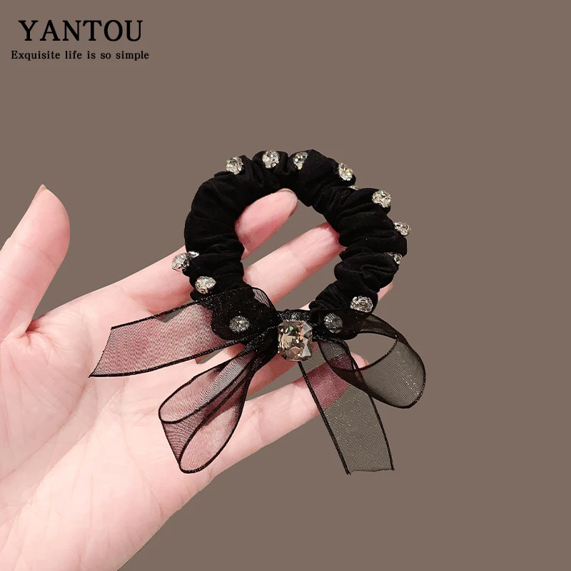 气质高级感黑色网纱轻奢水钻蝴蝶结发绳女扎头发大肠发圈头绳头饰