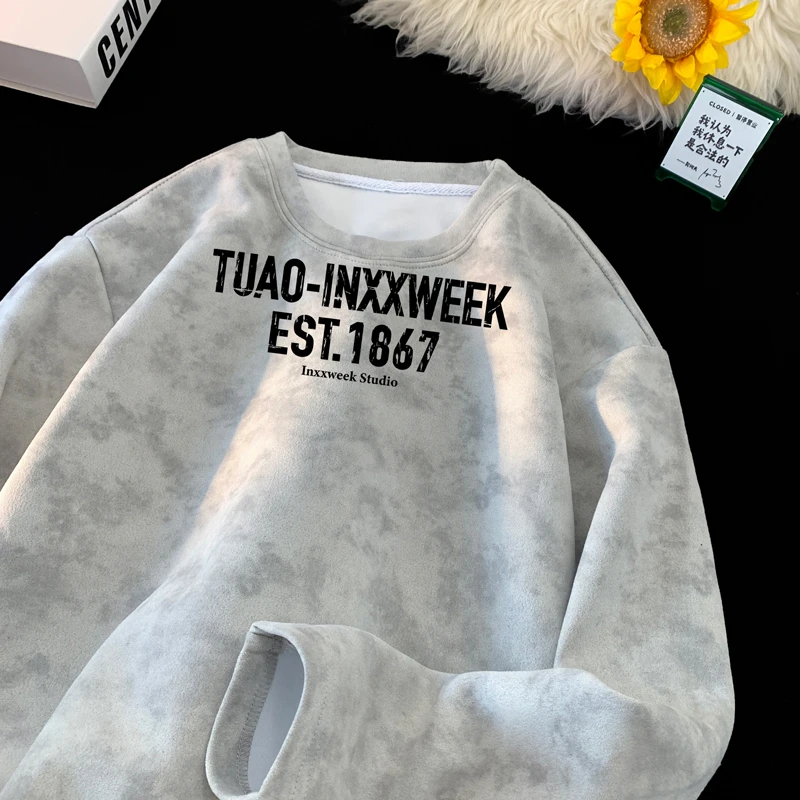 美式扎染长袖t恤男秋季印花潮流ins港风高街圆领内搭情侣款男款