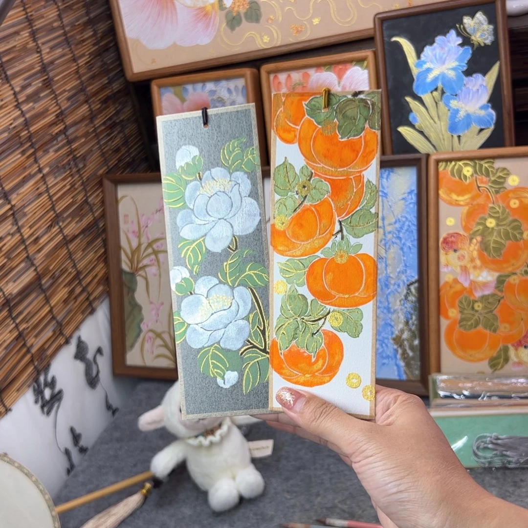 国画柿子山茶画书签国画