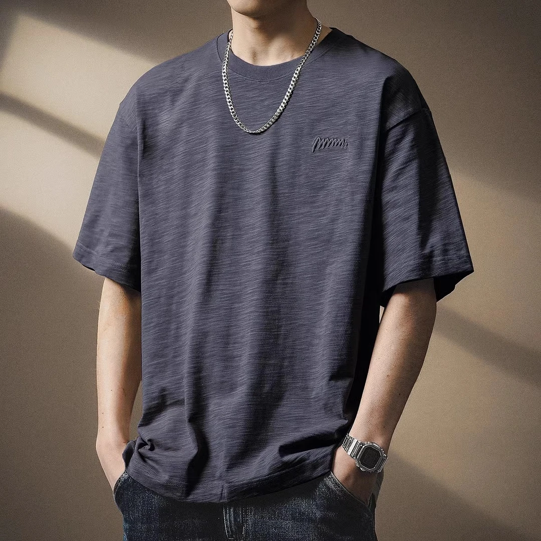 高级感简约竹节棉短袖T恤男夏季薄款宽松大码纯棉透气半袖体恤男