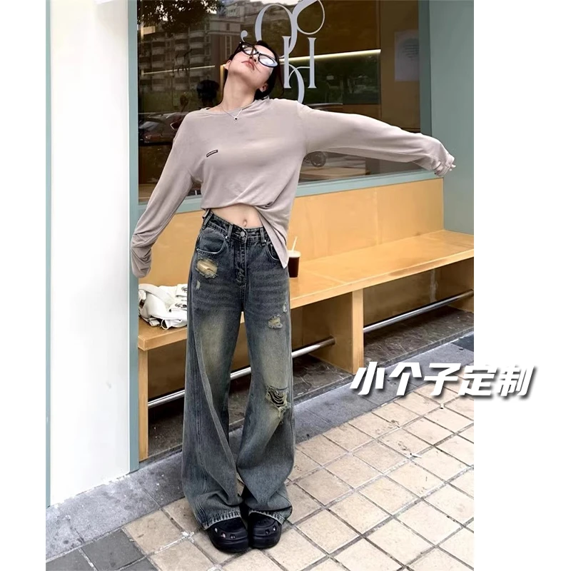 145小个子复古高腰阔腿破洞牛仔裤女夏新款宽松显瘦牛仔裤女款