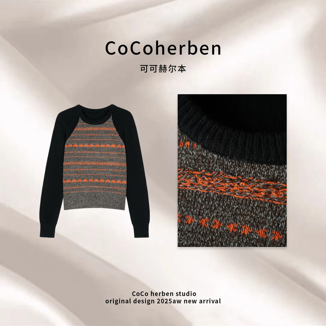 CocoHerben衫提花常规拼色毛针织衫上衣拼接波纹不褪色HBA129