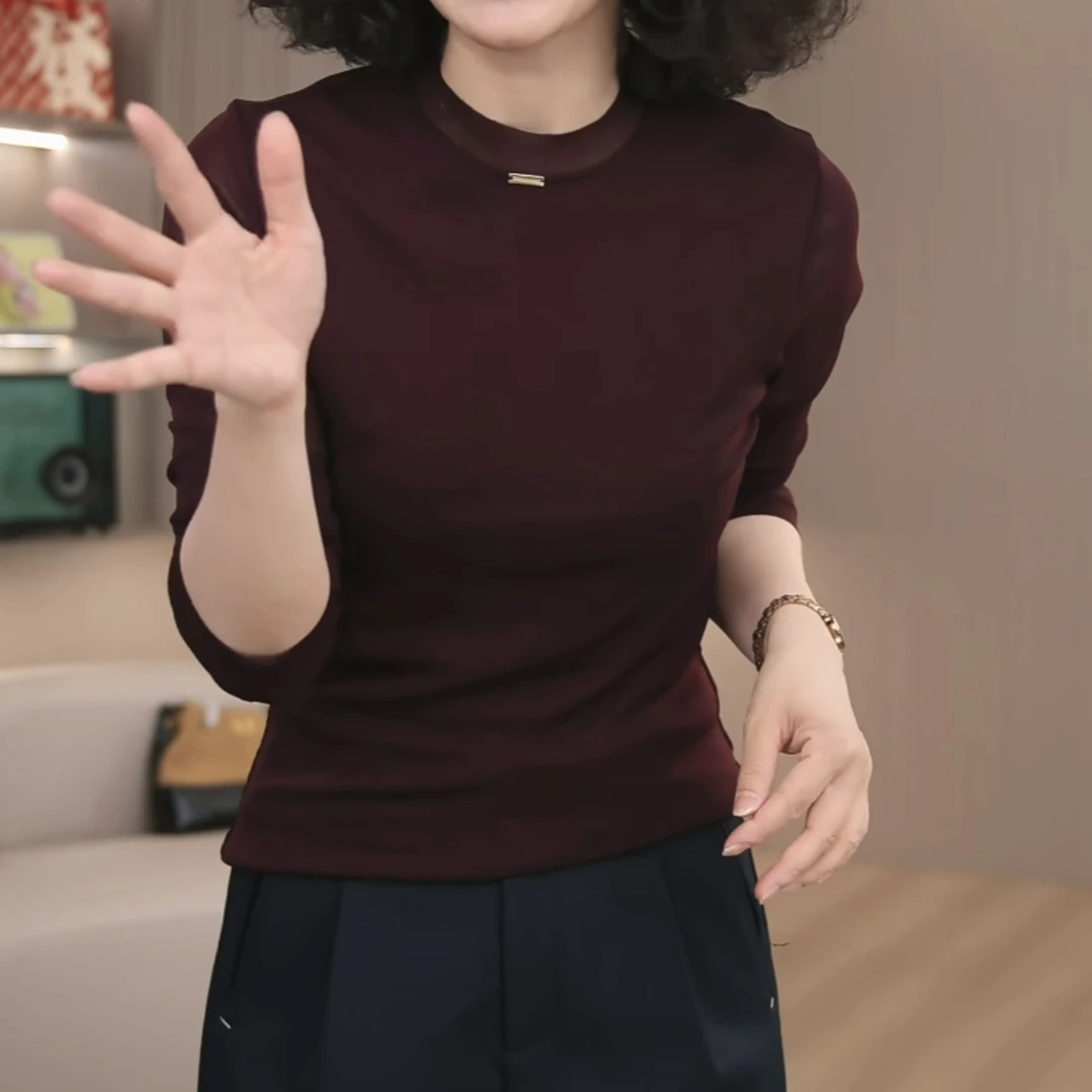 2025早秋新款时尚百搭显瘦高弹力网纱长袖圆领气质时尚上衣女潮流