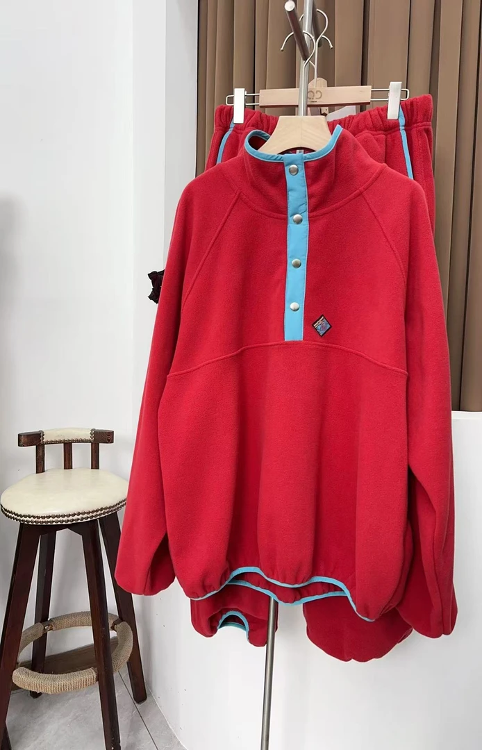 2024冬季新品拼色摇粒绒卫衣套头衫+拼色摇粒绒束脚裤套装