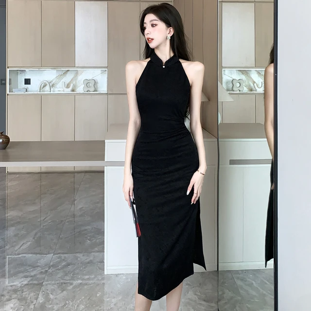 复古黑色改良旗袍挂脖连衣裙女秋夏2025新款高级新中式国风长裙子