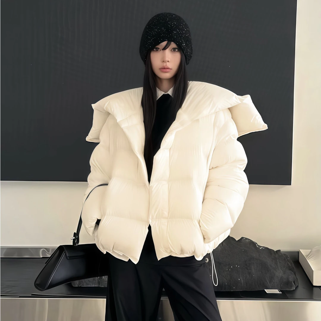 冬季天使之翼泡芙海军领时尚甜美90鸭绒短款连帽粉色短款羽绒服