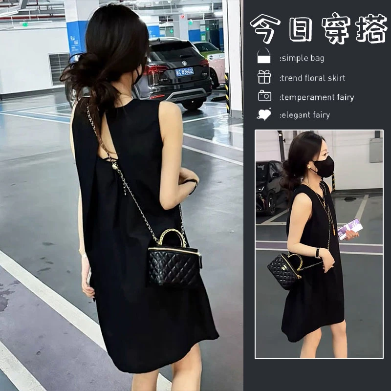 2025夏季新款黑色高级感露背气质无袖A字裙女欧货宽松遮肚连衣裙