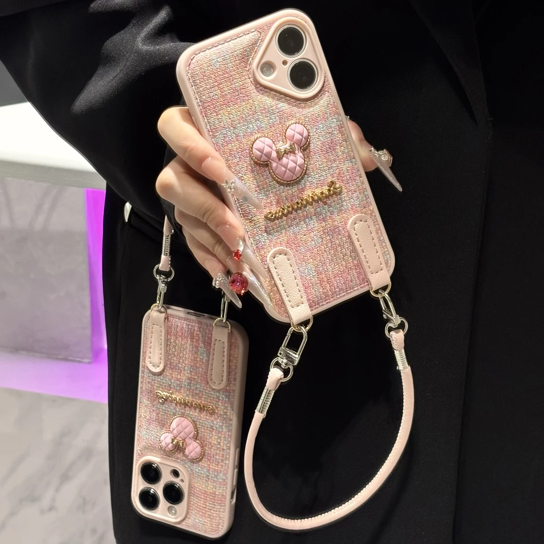 粉米奇编织纹挂绳适用苹果16/17手机壳iPhone15小米14vivoppo华为