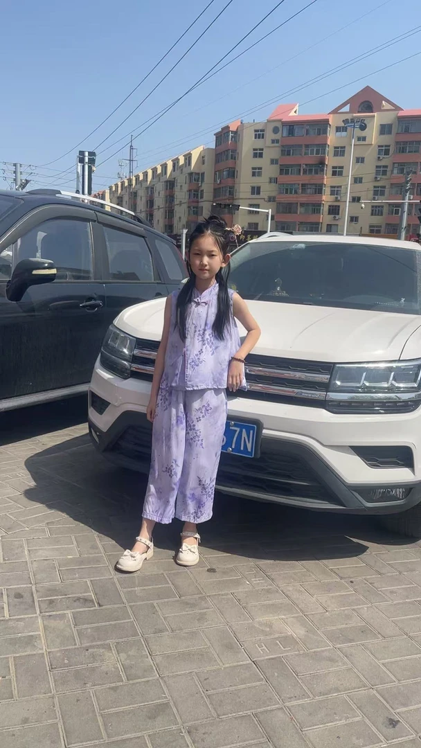 中国风夏季复古单排扣女童套头民族风常规套装碎花阔腿棉绸