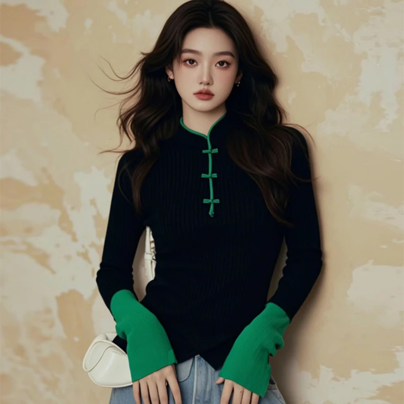 2024早秋新款新中式轻国风盘扣立领打底上衣气质黑色拼接针织衫女