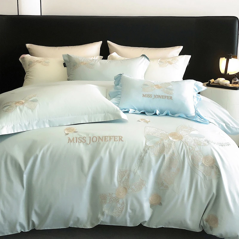 862 床上四件套全棉纯棉床单被套被罩床上用品布兰琪蓝