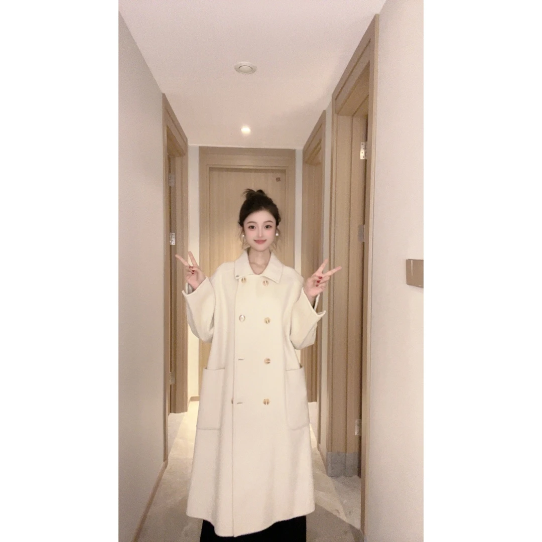 圣逸休闲宽松慵懒显瘦遮肉秋冬宽松韩版气质时尚中长款双面呢大衣