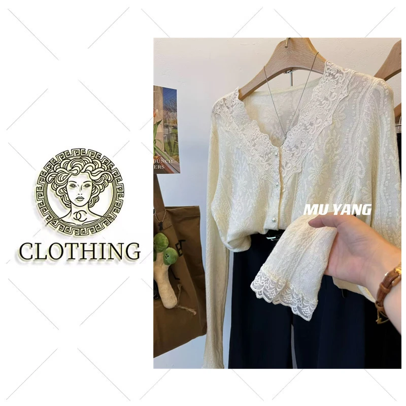 【CLOTHING/原创设计】FA 秋冬新款V领蕾丝钩花洋气开衫针织打底衫