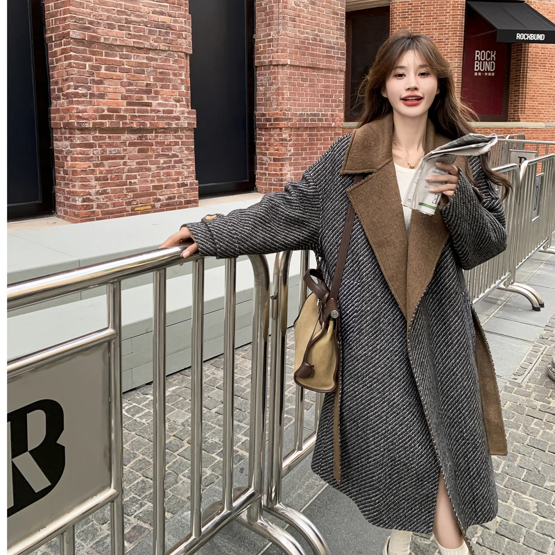 法式条纹撞色时尚呢子大衣女小个子2025秋冬新款气质加厚毛呢外套