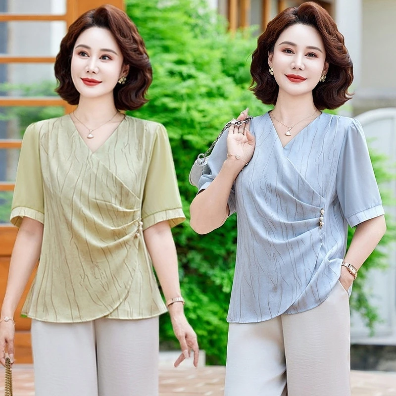 时尚妈妈装2025夏季新款收腰显瘦衬衫气质百搭短袖上衣女洋气套装
