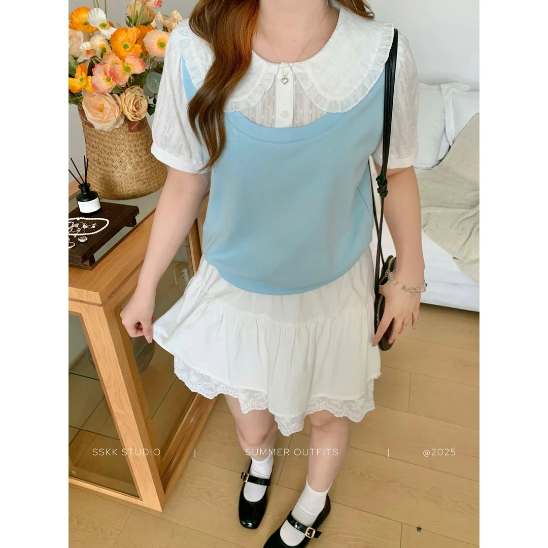 KMZY/KMZY山_山【小岛夏日】微胖女装韩系甜美夏日蓝色假两件上衣女