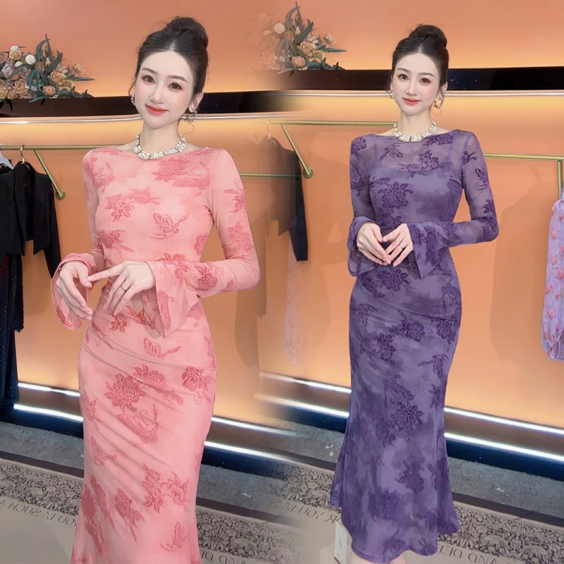 【小茵家】春款气质修身弹力印花收腰包臀鱼尾连衣裙